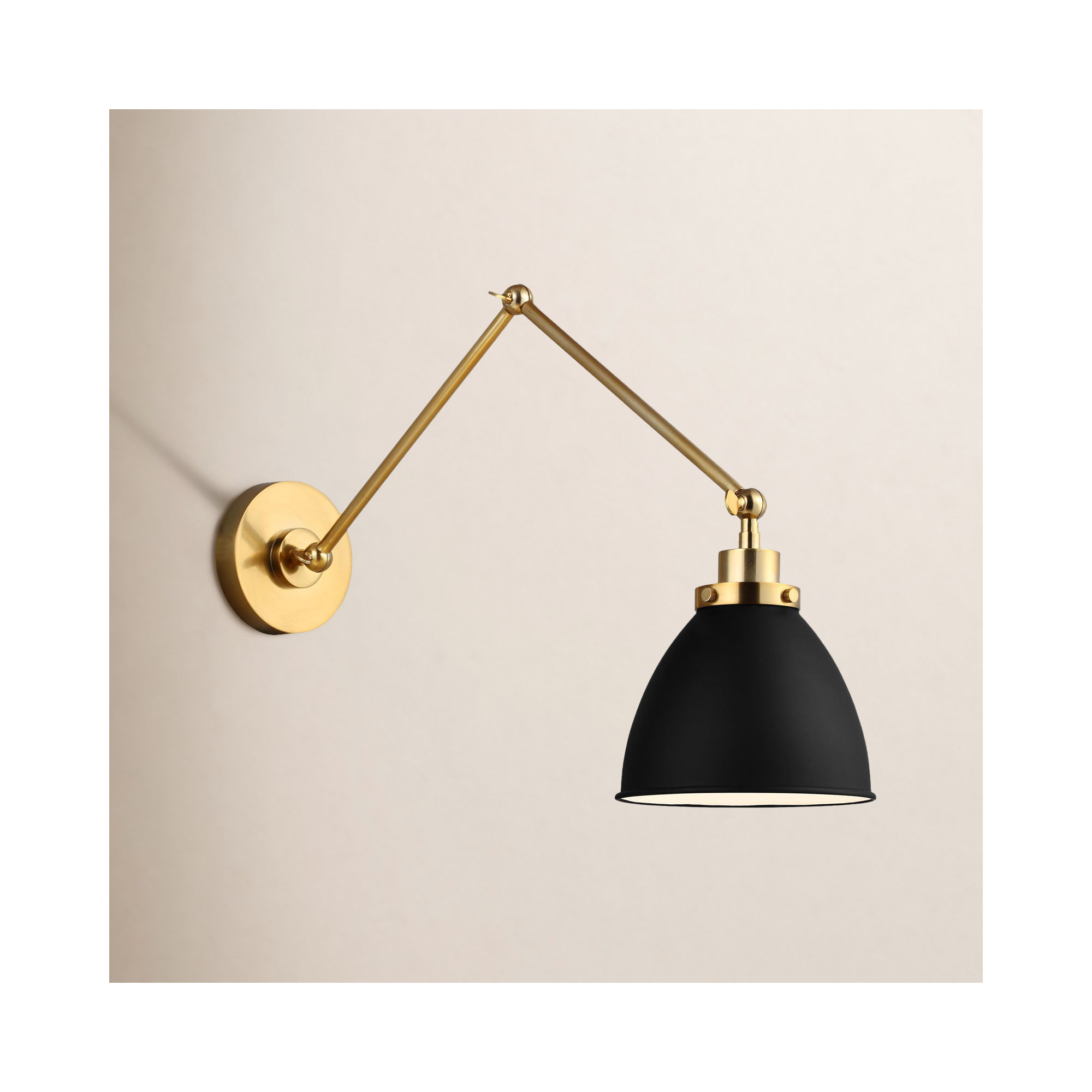 Single Light Steel Dimmable Armed Sconce, Burnished Brass, Midnight Black