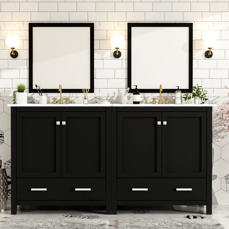 Élégante armoire de salle de bain de 60 po, double meuble-lavabo, lavabo, charnières à fermeture en douceur - meuble-lavabo silencieux et confortable, rangement fonctionnel en céramique pour rehausser votre décor