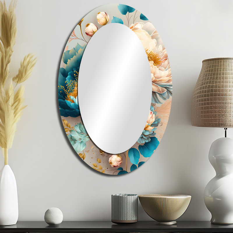 Multicolore Blooming Flowers II - Grand miroir mural ovale sur métal, 36 po x 24 po