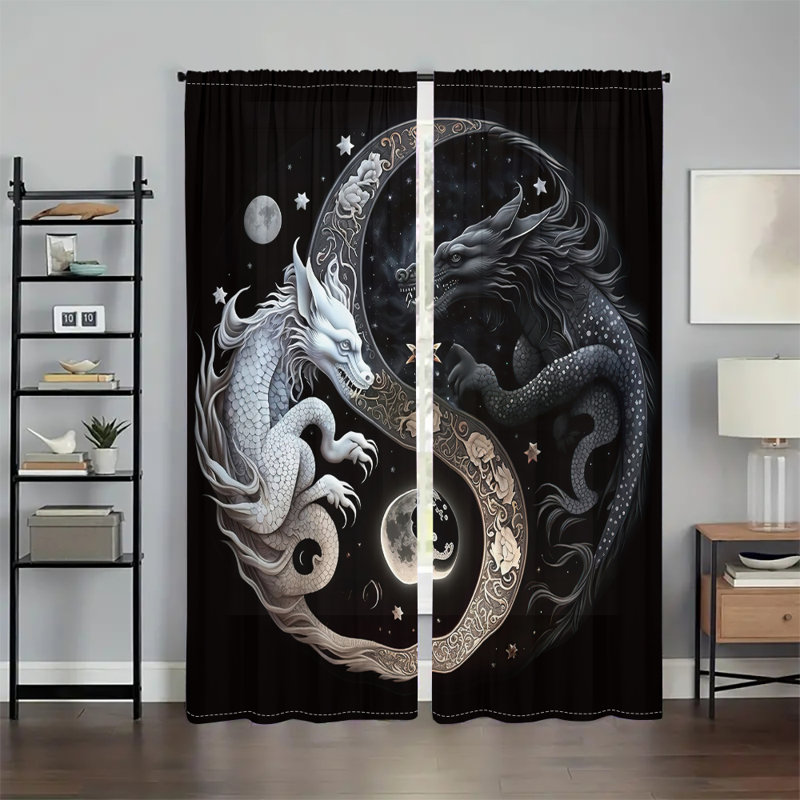 2Pcs Dragon Curtains YinYang Fantasy Mystical Window Drapes Asian Feng Shui Art Decorative Curtain Panels Crescent Moon Stars Night Sky Design for Bedroom Living Room Home Decor