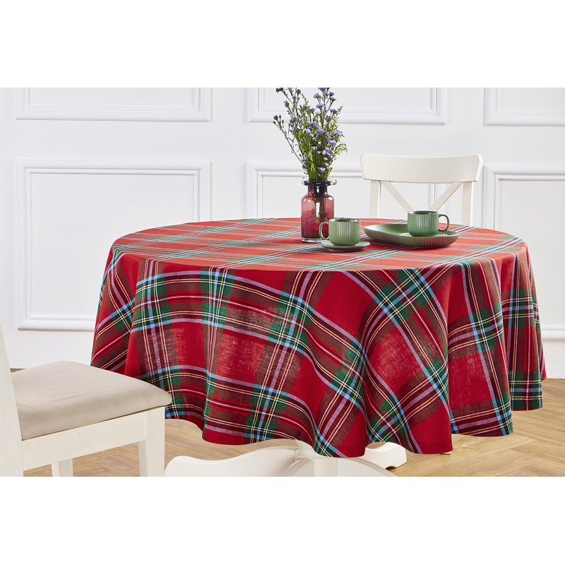 Madras Holiday Plaid - 100% Pure Linen Round Tablecloth, 60" Round