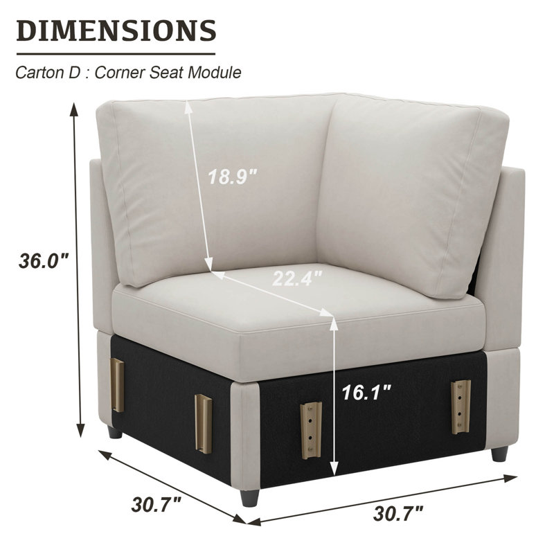 Armless Corner Single Seat Module For Modular Sectional Sofa, Beige Velvet