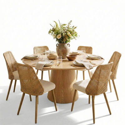 Ensemble de table de salle à manger pour 6 personnes avec table ronde de 60 po et 6 chaises rembourrées en rotin