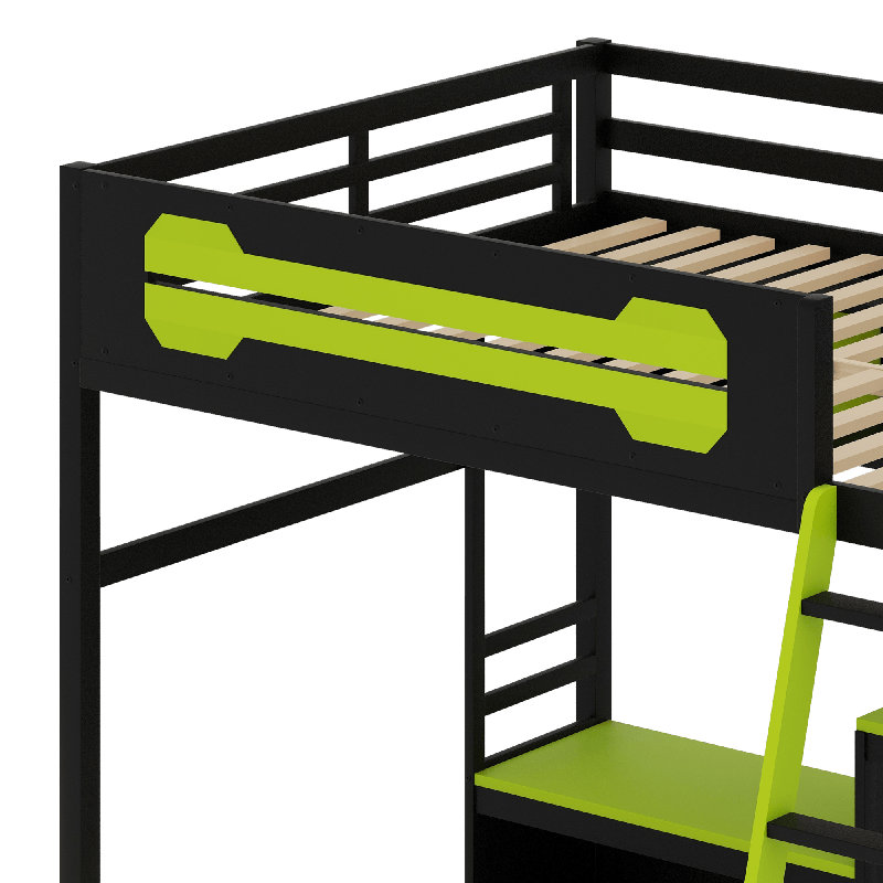 Wood Loft Bed With Desk, Black/Green