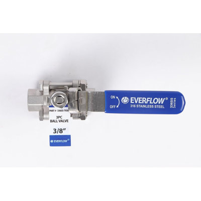 3/8 Inch Stainless Steel Ball Valve Full Port 3-Piece Heavy Duty Valve with Blue Locking Handle, 1000 WOG