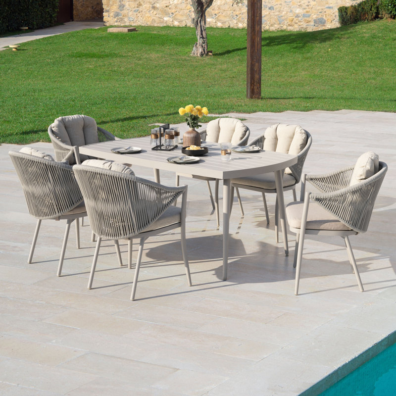 Patio 7-Piece Dining Set with Cushions and Pillows, Umbrella Hole, Beige, Beige, 29.5" H x 32" W x 66" L