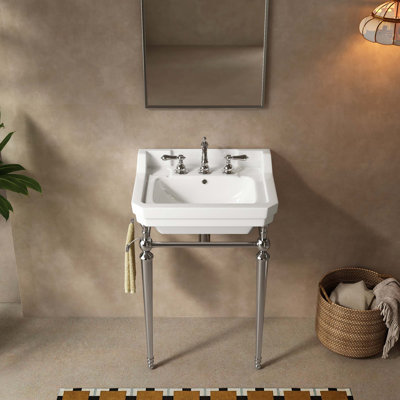 23" Bathroom Console Sink, Wall-Mounted Ceramic Vanity Basin with 3 Pre-Drilled Faucet Holes, Freestanding Stainless Steel Support Legs with Towel Bar, No Faucet and Sink Cover