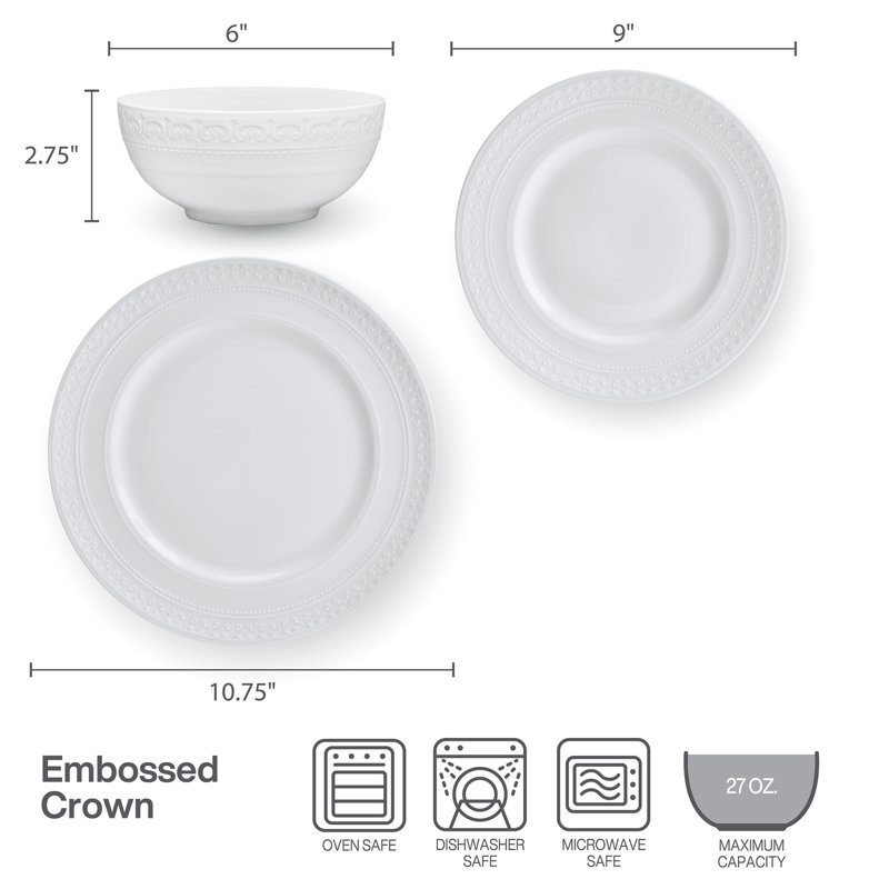 Service de table léger en porcelaine tendre 18 pièces Embossed Crown, service pour 6