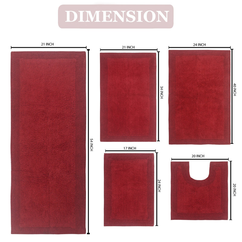 Bruss Luxury 100% Cotton Bath Rug (Set of 5) Reversible, Red