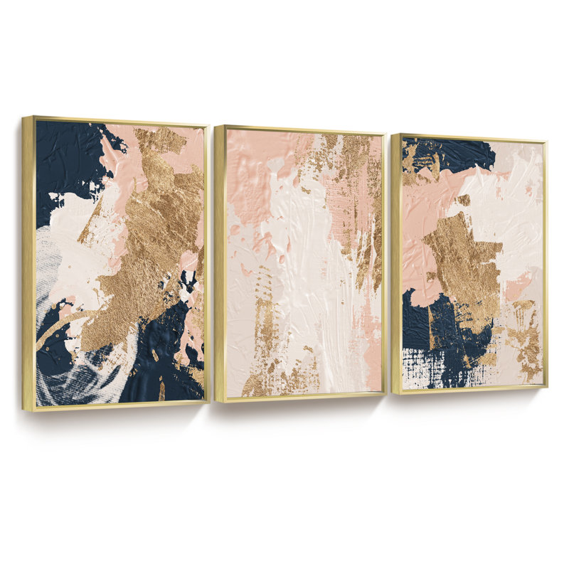Abstrait moderne - ensemble de 3 reproductions de photos sur toile, H 24 po x l 48 po x P 1,5 po, Or