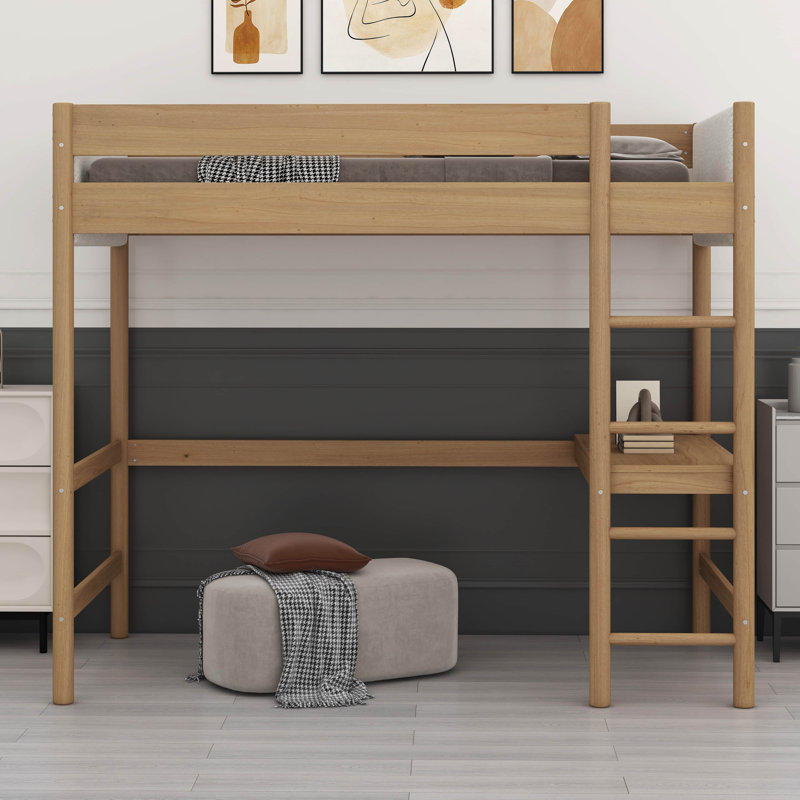 Twin Size Rubber Wood Loft Bed – Desk, Boucle Upholstered Headboard/Footboard, Ladder & Safety Guardrails