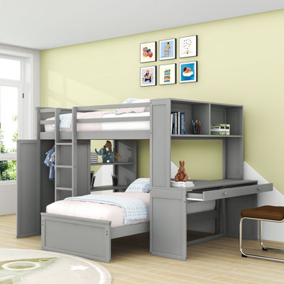 Wood Bunk Bed With Desk, Shelves, And Wardrobe