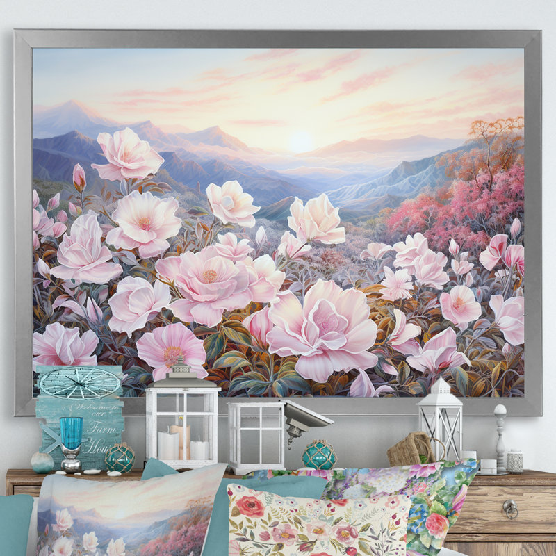 " Pink Roses Field In Mountain ", Silver Single Picture Framed, 12" H x 20" W x 1" D