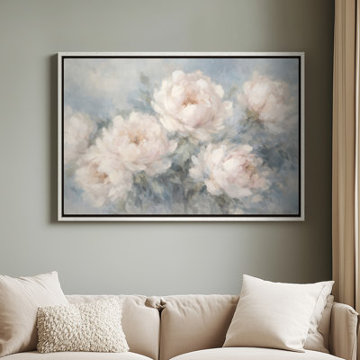 Framed Canvas Wall Art - Romantic Blush Peonies with Airy Blue Gray Tones - 16"x24", 24"x36"