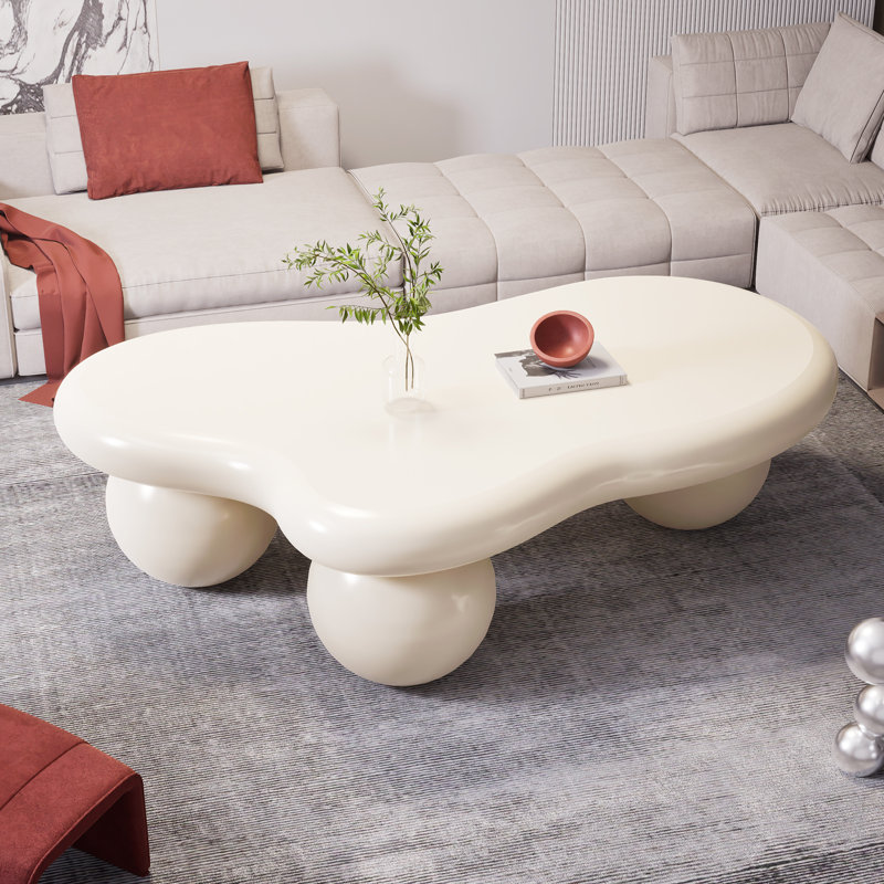 39.4" Modern Cloud Coffee Table – White Irregular Oval Top With Wood Ball Tripod Base, Soft Matte Finish