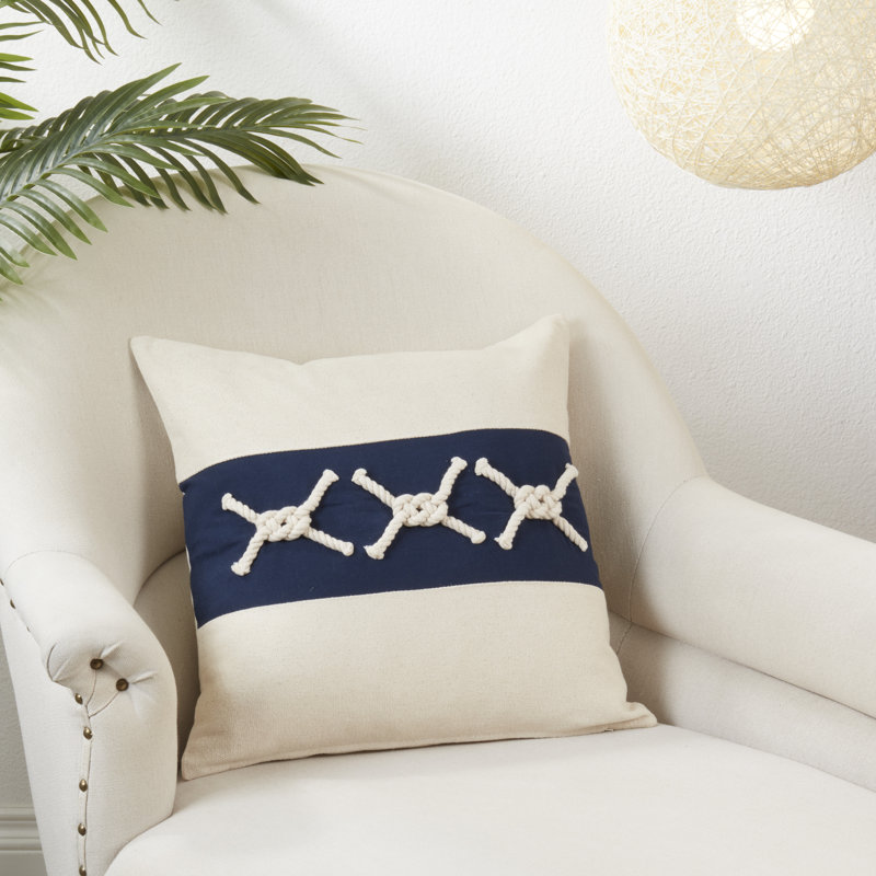 Nautical Blue and Beige Rope Knots Appliqué Throw Pillow, 18"x18"