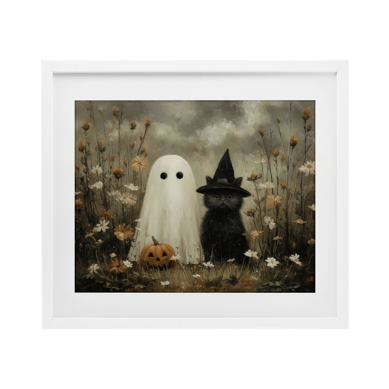 «Ghost and Black Cat», reproduction sous verre encadrée, design par Arlington Prints, H 13 po x l 16 po, Cadre blanc côtier