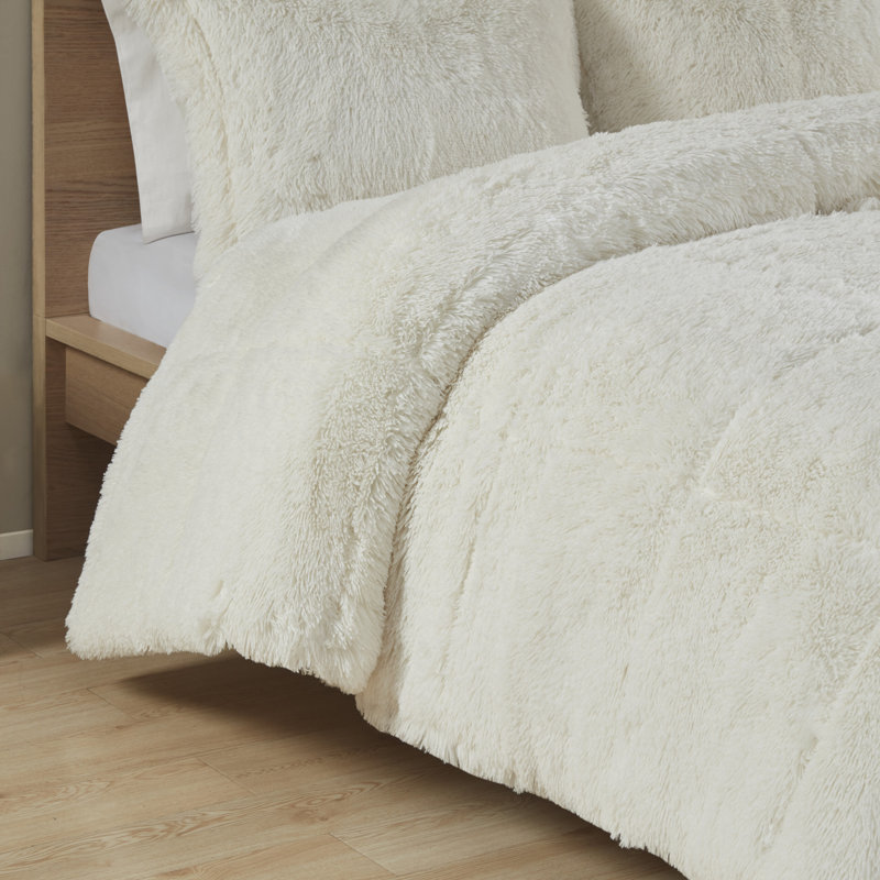 Full White Shaggy Faux Fur Comforter Set