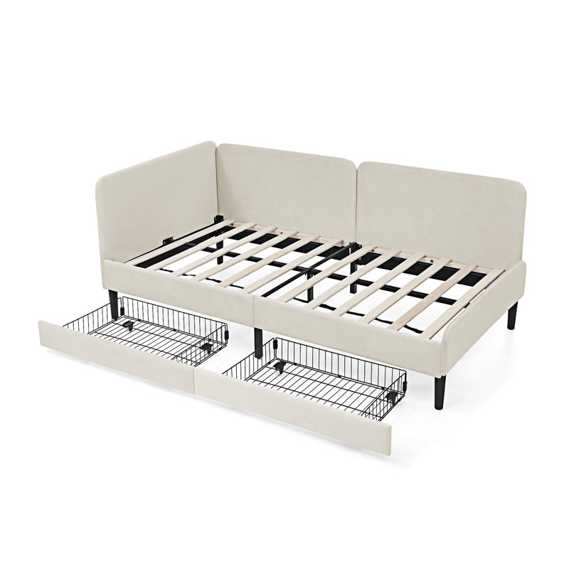 Structure de lit plateforme polyvalente rembourrée avec tiroirs spacieux, Beige, Lit simple