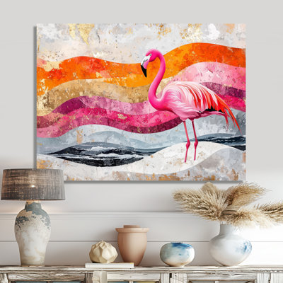 Or rose, flamant rose sur un paysage de plage audacieux I - reproduction d'art moderne en métal, décoration murale en métal flamant rose