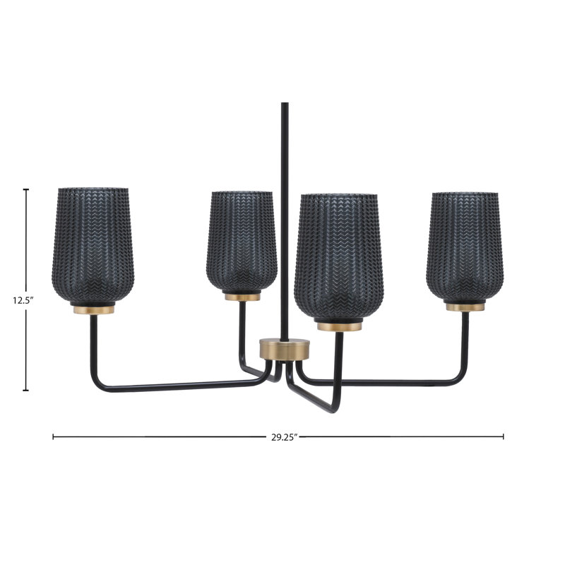 Lustre 4 lumières Amarmula, noir mat et laiton vieilli, verre texturé fumé 5 po, Transparent/noir, Noir/laiton