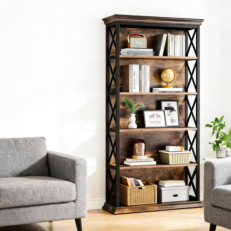 Bibliothèque à 6 niveaux de style moderne, en métal et bois, motif en X, amplement d'espace pour les dossiers, fabrication en bois spacieuse de 31,28 pouces de profondeur, chaque tablette peut supporter 50 livres, hauteur de 70,33 pouces