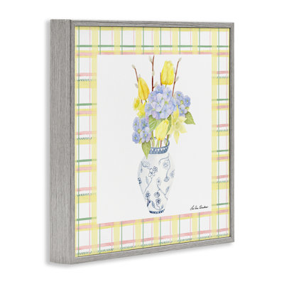 Spring Vase on Yellow Plaid Framed Giclee, design by Lee Ann Sanders