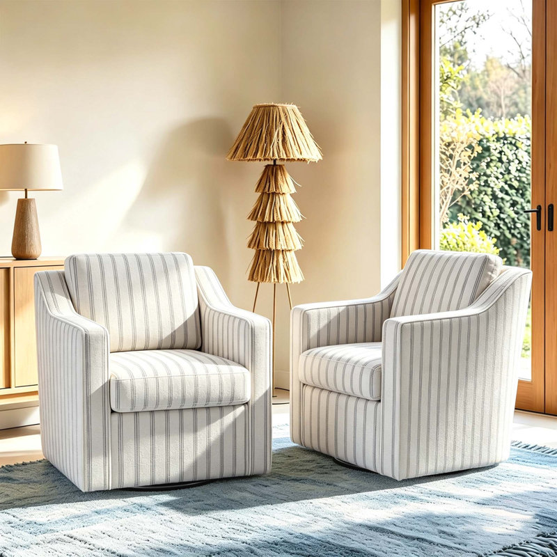 Bronnen Big And Wide Upholstered Pinstripe Gray Cushion Swivel Armchair with Removable Back and Seat Cushion (Set of 2)