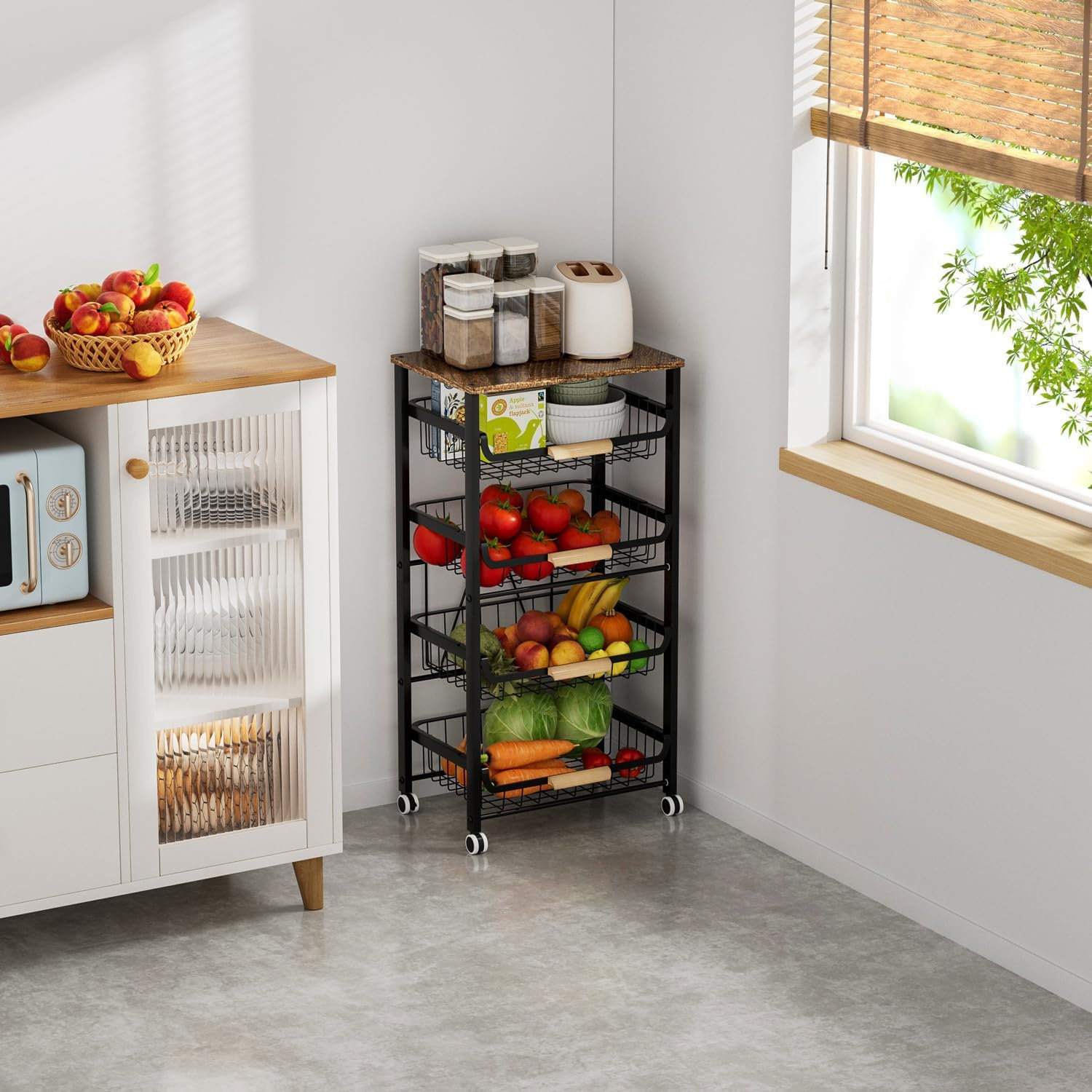 Chariot De Rangement De Cuisine Sur Roulettes, Panier à Fruits Pour Cuisine, Panier Rotatif Circulaire à 5 Niveaux, Grand Support De Rangement Avec Maille Creuse, Support à Fruits Et Légumes Avec