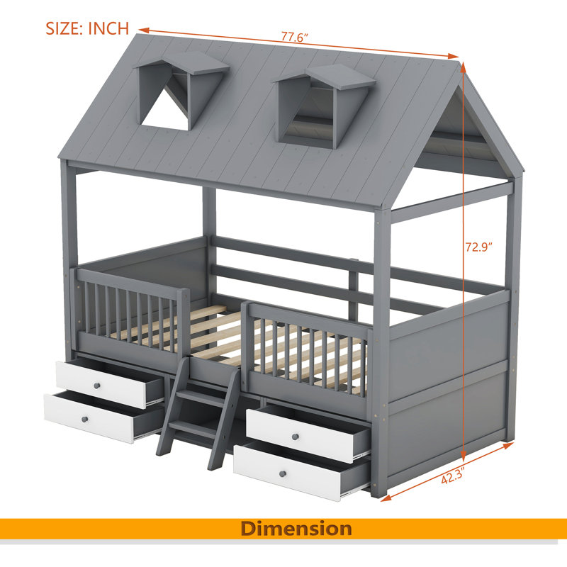 Wood Bed House Bed Frame, Gray, Twin
