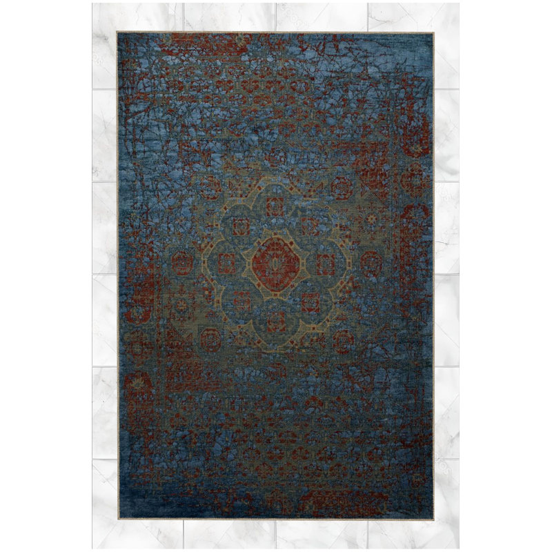 Tapis bleu délavé à motif délavé à motif traditionnel traditionnel, Sous-tapis rectangulaire 5 pi 1 po x 7 pi 7 po inc