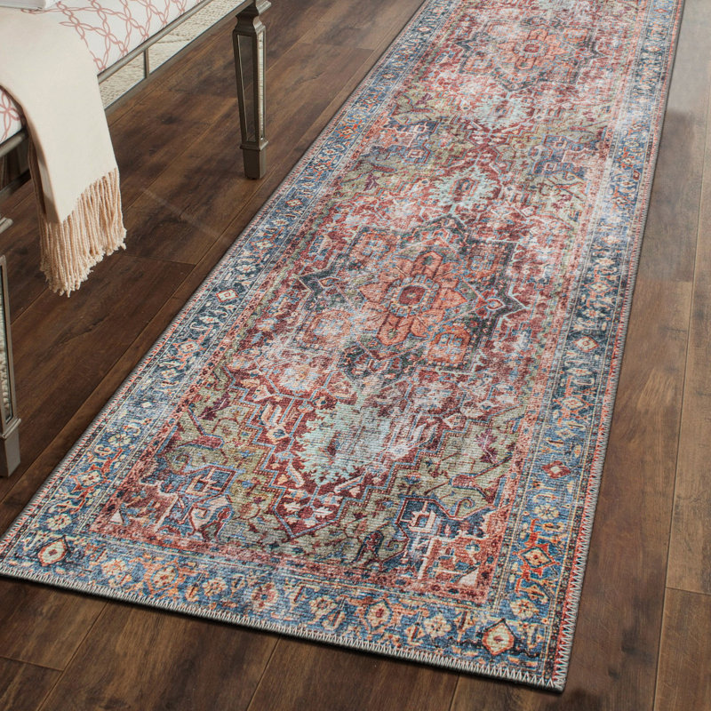 Alice Machine Washable Oriental Flatweave Performance Red/Blue/Ivory Multi Area Rug, Runner 2'6" x 7'