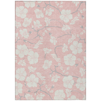 10' X 14' Pink Ivory And Gray Floral Washable Indoor Outdoor Area Rug