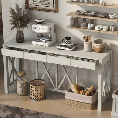 Console d'entrée plaquée avec 4 tiroirs spacieux, design croisé, base ouverte pour salle à manger, couloir ou pièce