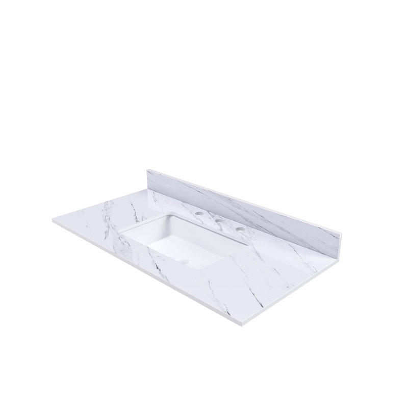 Comptoir de meuble-lavabo 43 po, comptoir blanc avec 3 trous de robinet pré-percés, comptoir de salle de bain avec lavabo central rectangulaire encastré et dosseret de 4 po de hauteur, Bianco Carrara Venato