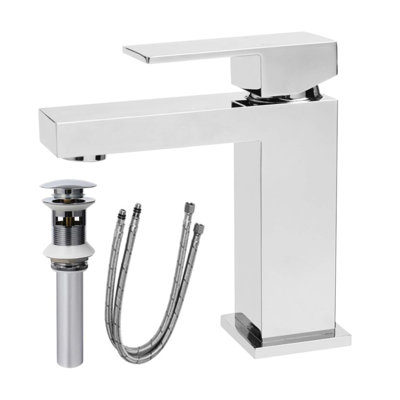 Single Handle Bathroom Faucet,  Single Hole Bathroom Faucet, Solid Brass Modern Bathroom Sink Faucet Basin Vanity Square Bathroom Faucet with Pop-up DrainWater Supply Hoses