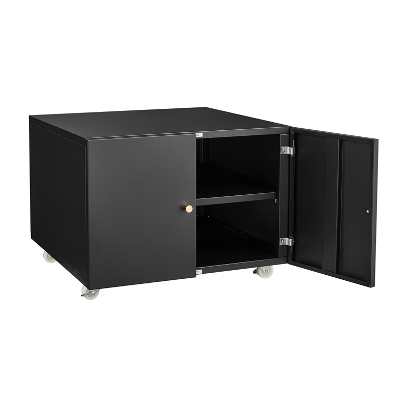 Armoire pour imprimante noire en acier à 2 portes avec surface de pulvérisation lisse et classeurs mobiles à bureau à aspiration magnétique haute résistance - 4 roues de rangement sécurisées