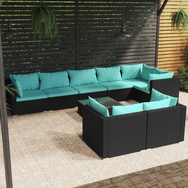 Ensemble de conversation modulaire 9 pièces, 5x coin + 3x milieu + table, Noir et bleu eau
