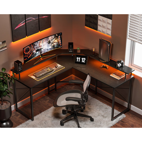 L Shaped Gaming Desk with LED Lights Pegboard and Drawers Corner Computer  Table