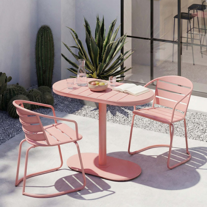 Ensemble bistro extérieur 3 pièces, table ovale moderne et 2 chaises à lattes résistantes aux intempéries, Coral