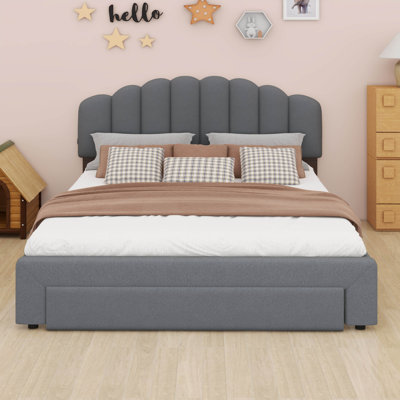 Lit plateforme tapissier grand avec panneau de rangement Teddy