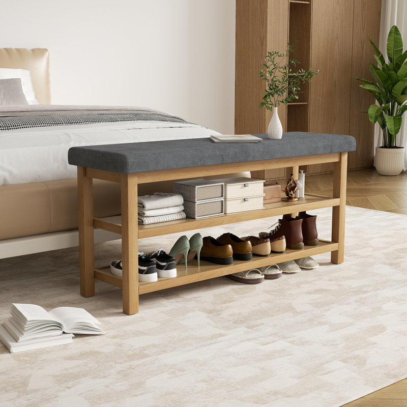 Elegant Rubberwood Frame Shoe Storage Bench, Dark Gray