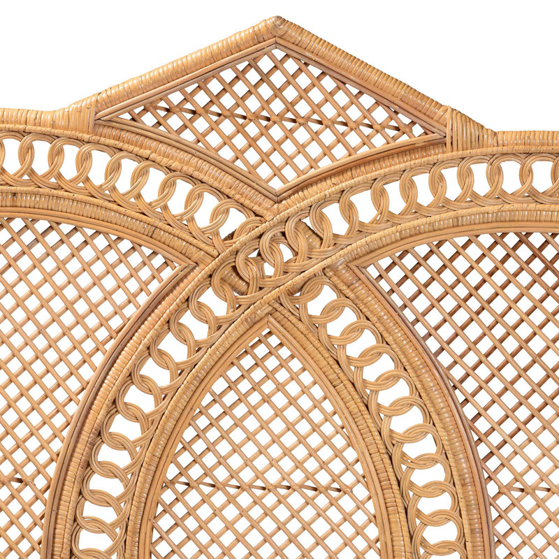 Bali & Pari Nerita Rattan Headboard - Handwoven Wicker Headboard Panel With Double Circle Design, Light Honey, Lightweight Coastal Bedroom Décor, Queen Size