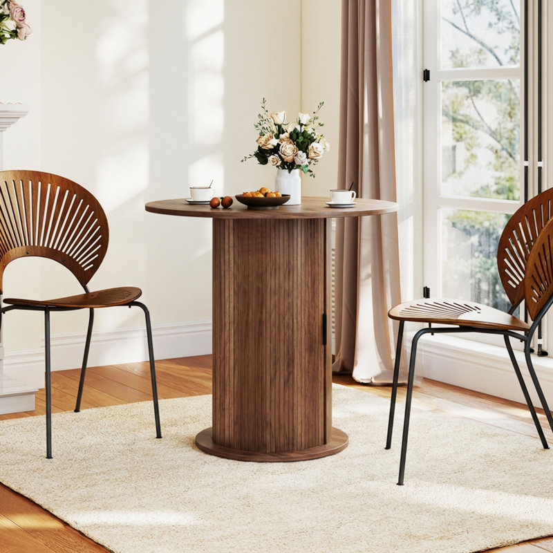 31.5” Round Dining Table For 2,Kitchen & Dining Room Small Circle Dinner Table With Storage Shelf&Fluted Door For Kitchen Living Room,Walnut