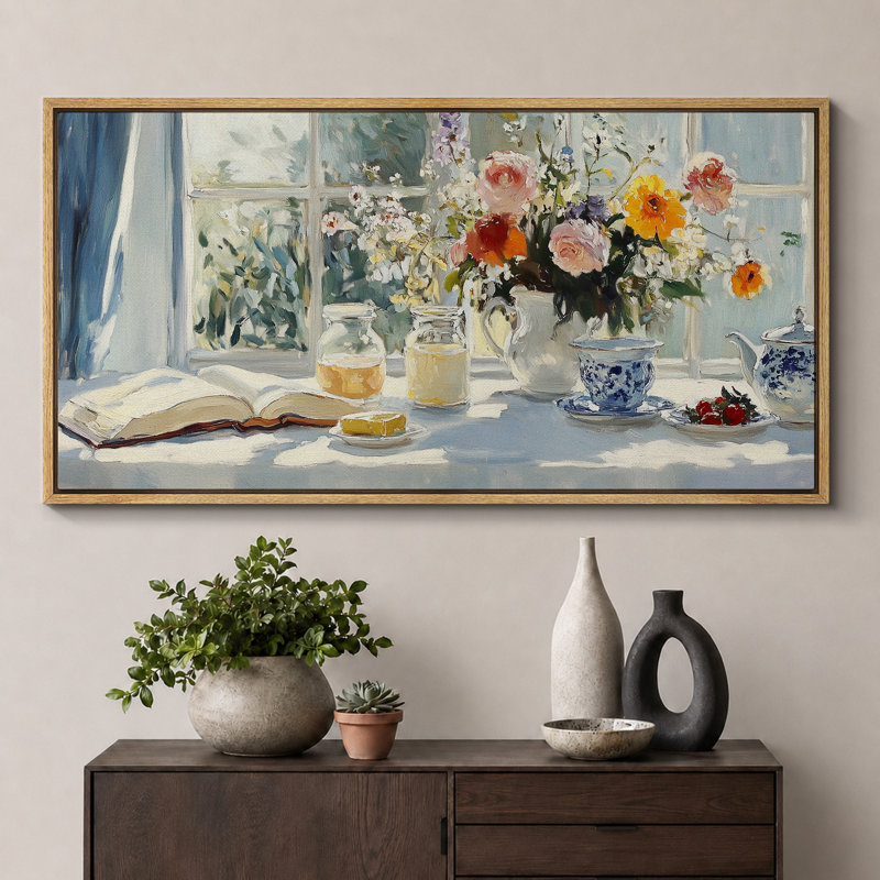 «Relaxing Teatime», art mural de nature morte, impression numérique sur toile giclée sur toile, H 30 po x l 60 po, Naturel