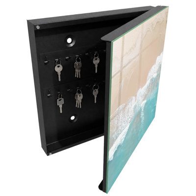 Key cabinet for home, Opens to the right, 30x30x5, White, Beach, turquoise water and beige sand, 