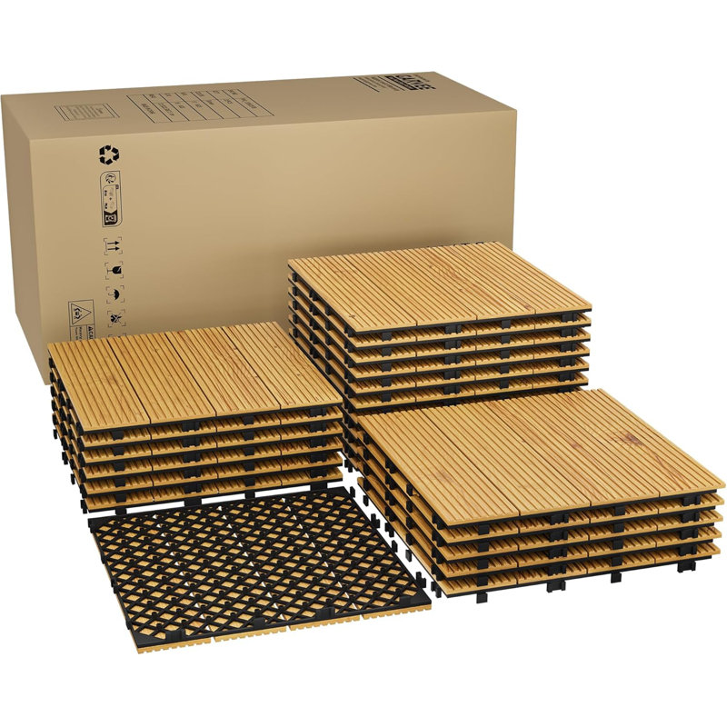 Paquet de 22 tuiles de terrasse en bois d'acacia - 12 po x 12 po, couvre-revêtements de patio emboîtables de 21 pieds carrés, carreaux imperméables et antidérapants pour balcon, terrasse de piscine, utilisation intérieure et extérieure, installation facile