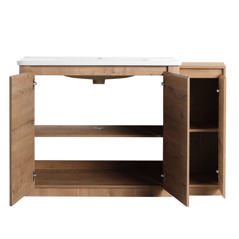 Meuble-lavabo autoportant de 52 po avec lavabo en céramique blanc, 1 petite armoire de rangement, porte à fermeture douce, style chêne imitation, contreplaqué emballé Kd, idéal pour un lavabo lisse et facile à nettoyer
