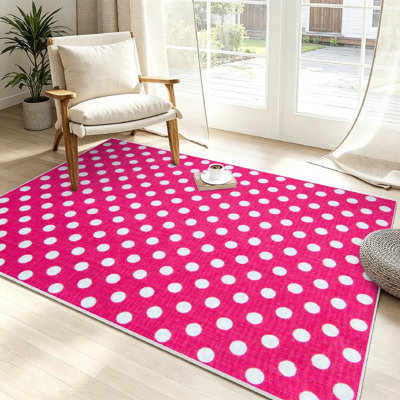 Pink Machine Washable,Fabric and  Tiny Polka Dots Dot Indoor Area Rug