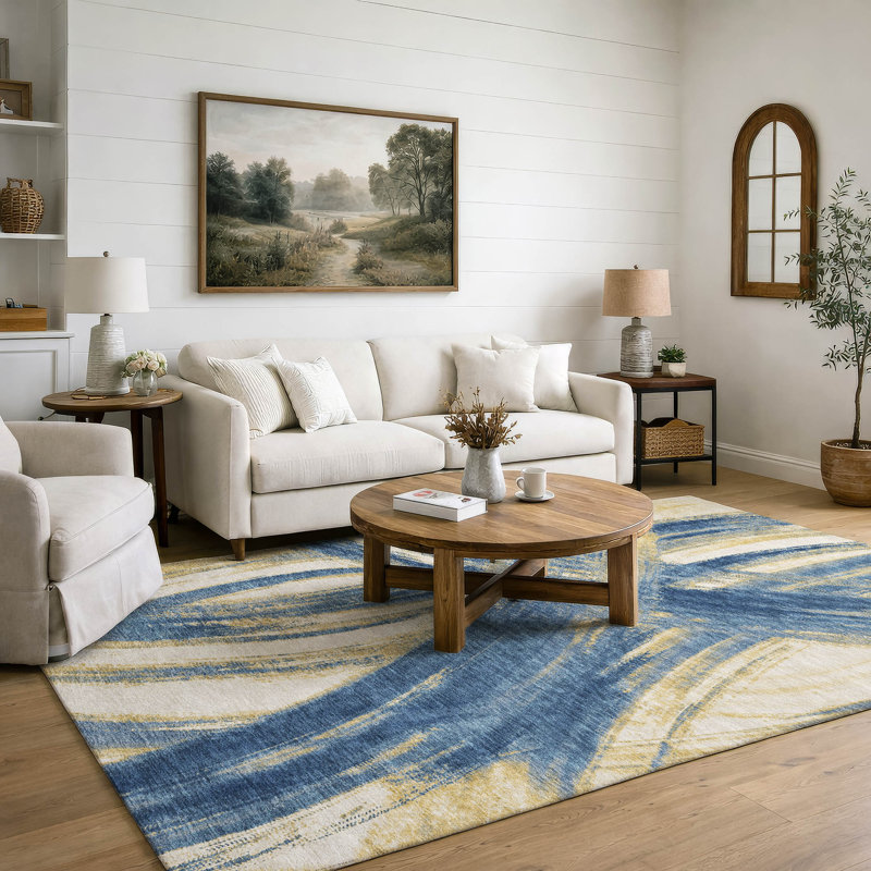 Tapis abstrait lavable à la machine de qualité supérieure Mayfield AMF2421, 8 pi x 10 pi, Marine